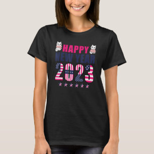 happy new year 2023 cat with american flag for wom T-Shirt