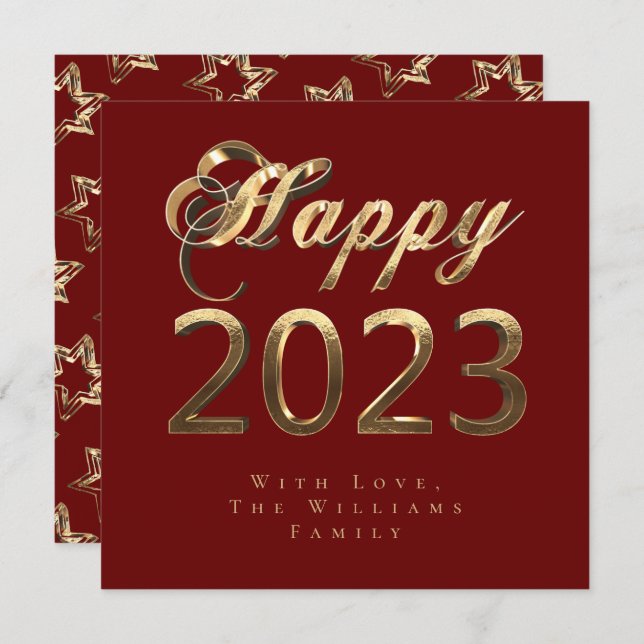 Happy New Year 2023 Chic Script Red and Gold Holiday Card (Front/Back)