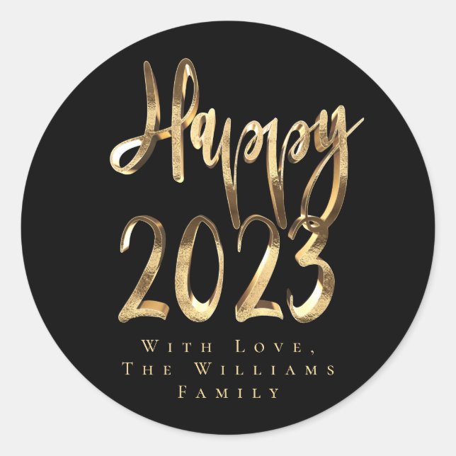 Happy New Year 2023 Elegant Black and Gold Script Classic Round Sticker (Front)