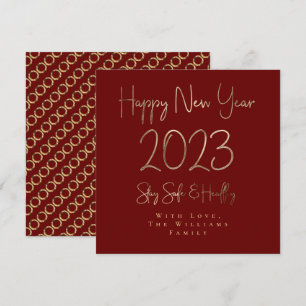 Happy New Year 2023 Elegant Red and Gold Script Holiday Card