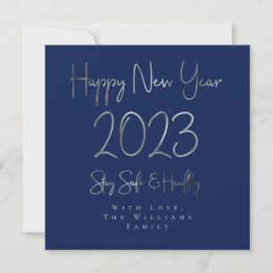 Happy New Year 2023 Elegant Silver Script Blue Holiday Card