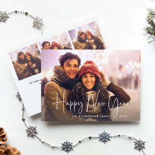 Happy New Year 2023 Modern Script Multi Photo Holiday Card