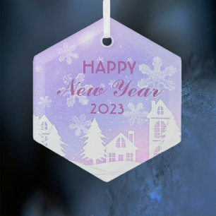 Happy New Year 2023 Purple White House Snow  Glass Tree Decoration