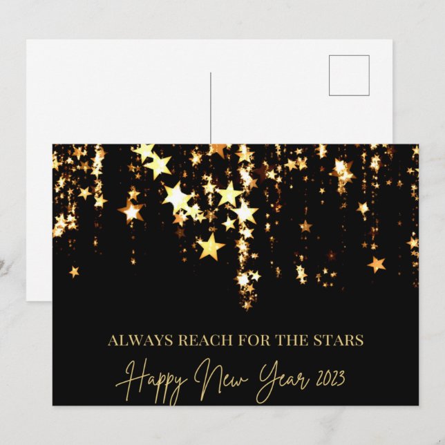Happy New Year 2023 Reach for the Stars Black Gold Invitation (Front/Back)