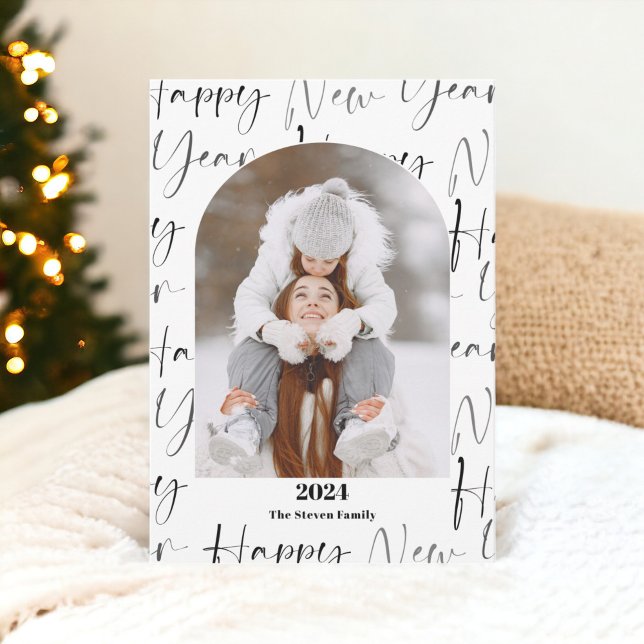 Happy New Year 2024 bold script 4 photos black Holiday Card (Happy New Year 2024 bold script 4 photos black Holiday Card)