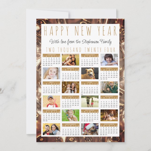 Happy New Year 2024 Calendar 12 Photos Gold Holiday Card (Front)