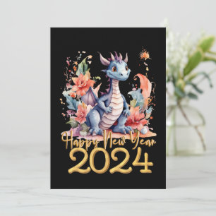 Happy New Year 2024 Chinese Dragon Black Holiday Card