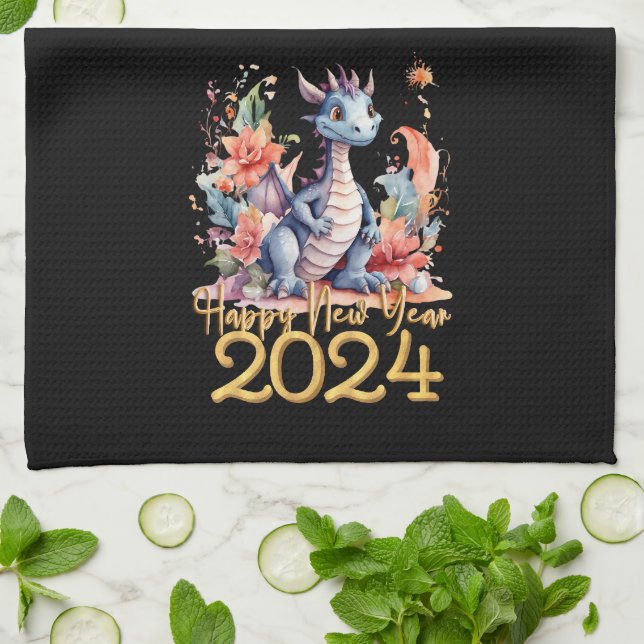 Happy New Year 2024 Chinese Dragon Water Colour Tea Towel (Folded)