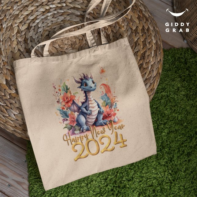 Happy New Year 2024 Chinese Dragon Water Colour Tote Bag (Creator Uploaded)