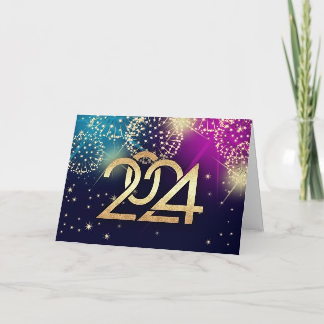 Happy New Year 2024. Colourful Fireworks  Holiday Card (Front)