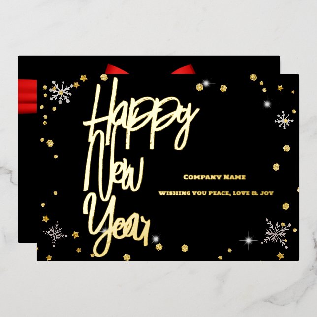 Happy New Year 2024 Company Red Ribbon Foil Holiday Card (Front/Back)