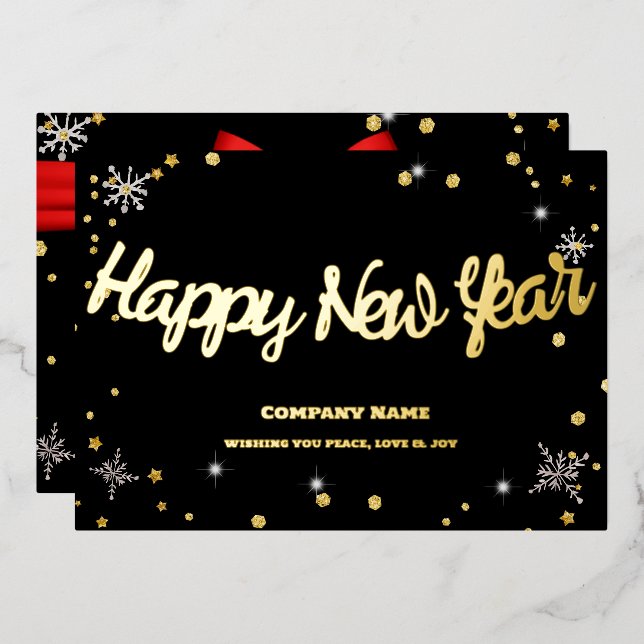 Happy New Year 2024 Company Red Ribbon Foil Holiday Card (Front/Back)