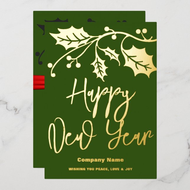 Happy New Year 2024 company, red ribbon Foil Holiday Card (Front/Back)