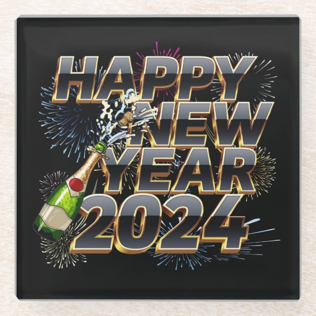 Happy New Year 2024 Elegant New Year's Eve Party Glass Coaster (Front)