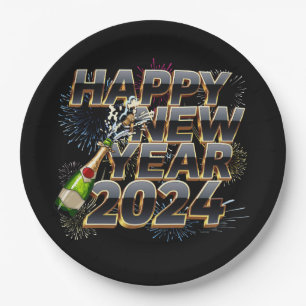 Happy New Year 2024 Elegant New Year's Eve Party Paper Plate