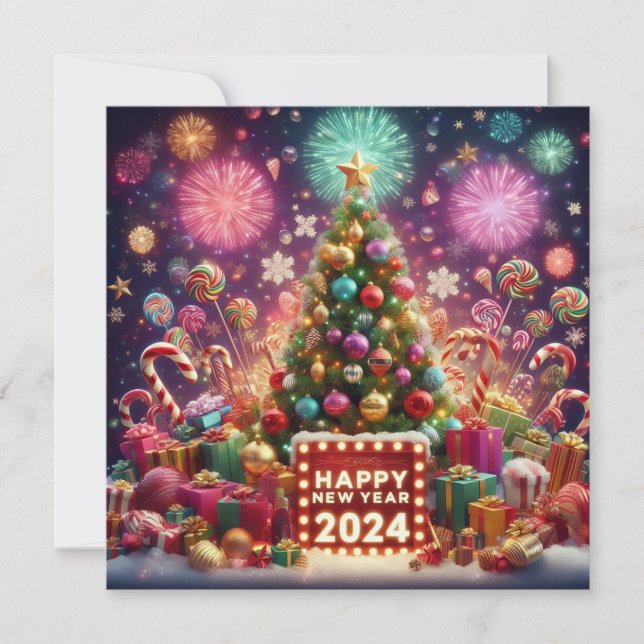 Happy New Year 2024 Firework Christmas Tree Stars Holiday Card (Front)
