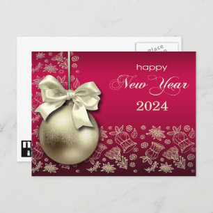 Happy New Year 2024. Gold Christmas Bauble Holiday Postcard