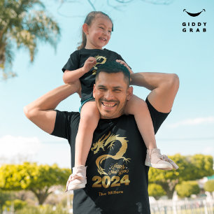 Happy New Year 2024 Golden Chinese Dragon Black T-Shirt