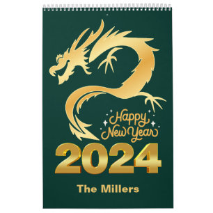 Happy New Year 2024 Golden Chinese Dragon Green Calendar