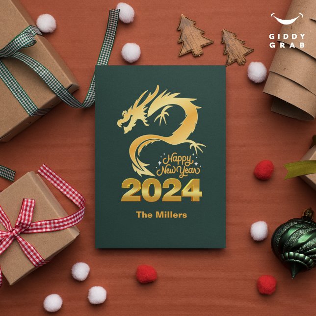 Happy New Year 2024 Golden Chinese Dragon Green Invitation (Creator Uploaded)