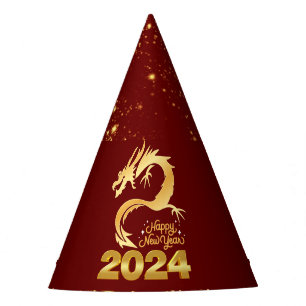 Happy New Year 2024 Golden Chinese Dragon Red Party Hat
