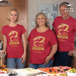Happy New Year 2024 Golden Chinese Dragon Red T-Shirt