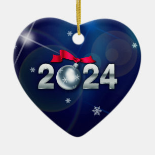Happy New Year 2024 Heart Shape Custom Ceramic Tree Decoration