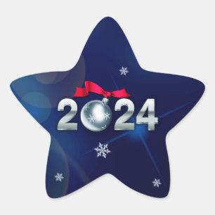 Happy New Year 2024. Holiday Gift Star Sticker