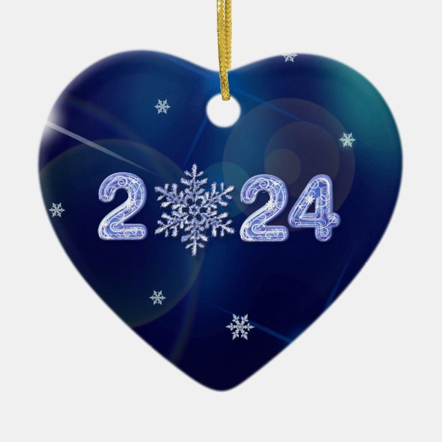 Happy New Year 2024. Ice Numbers and Snowflake Ceramic Tree Decoration (Front)