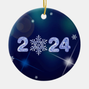 Happy New Year 2024 Ice Numbers and Snowflake Ceramic Tree Decoration