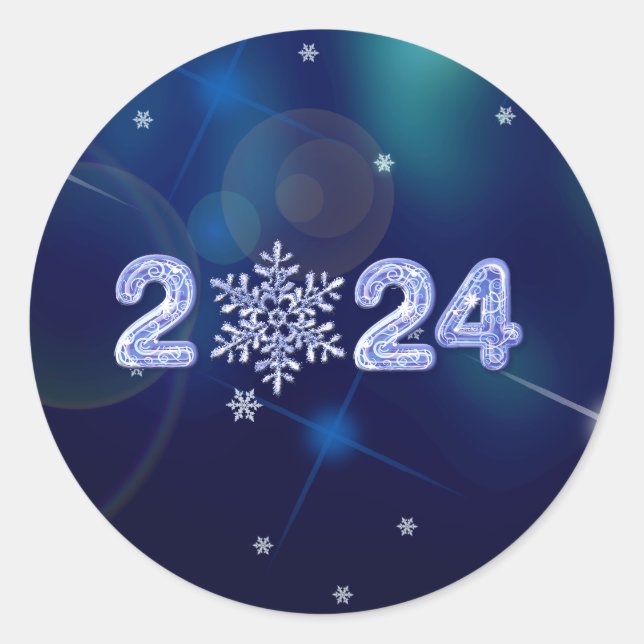 Happy New Year 2024. Ice Numbers and Snowflake Classic Round Sticker (Front)