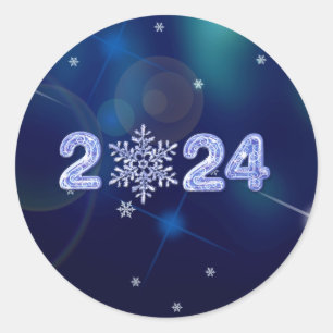 Happy New Year 2024. Ice Numbers and Snowflake Classic Round Sticker