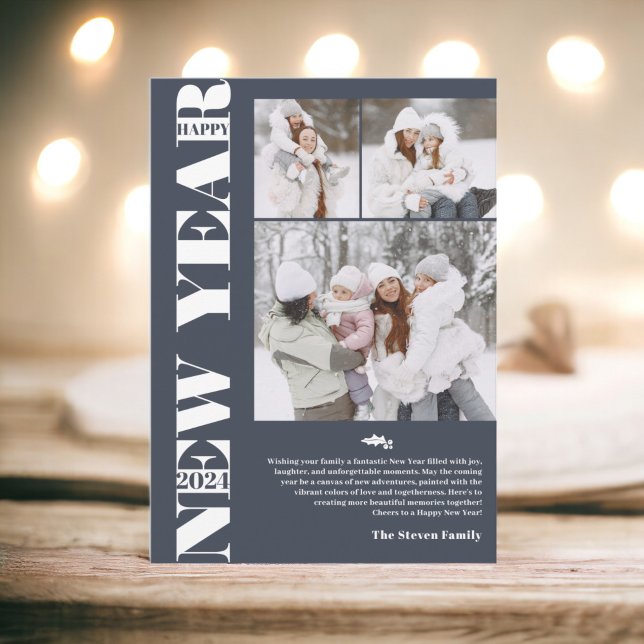 Happy New Year 2024 modern festive 3 photos blue Holiday Card (Happy New Year 2024 modern festive 3 photos blue Holiday Card)