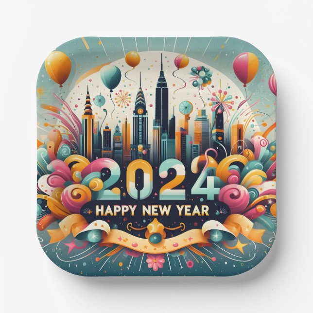 Happy New Year 2024 Paper Plate (Front)