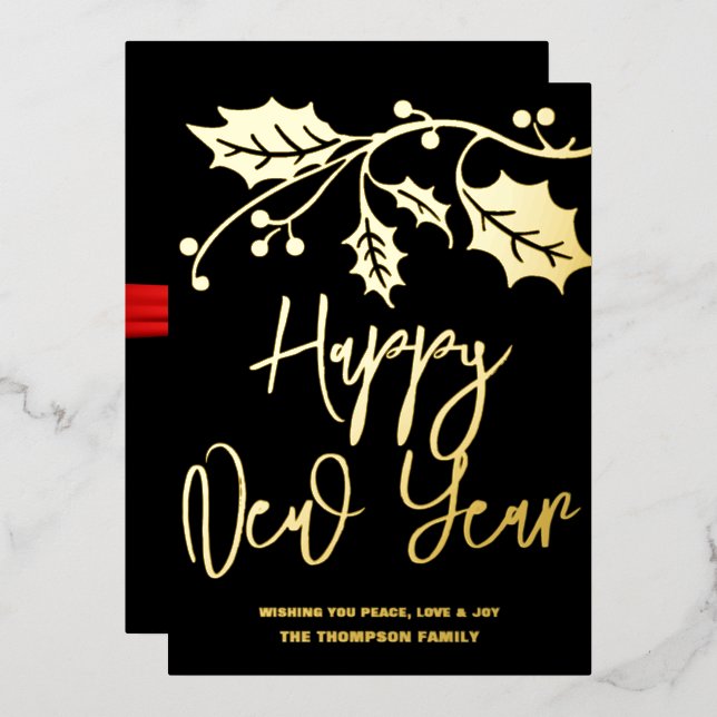 Happy New Year 2024, red ribbon Foil Holiday Card (Front/Back)