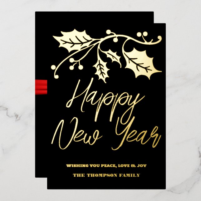 Happy New Year 2024, red ribbon Foil Holiday Card (Front/Back)