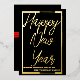 Happy New Year 2024, red ribbon Foil Holiday Card