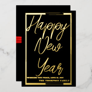 Happy New Year 2024, red ribbon Foil Holiday Card