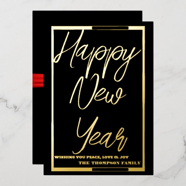 Happy New Year 2024, red ribbon Foil Holiday Card (Front/Back)