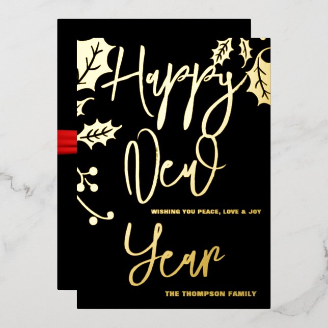 Happy New Year 2024, red ribbon Foil Holiday Card (Front/Back)