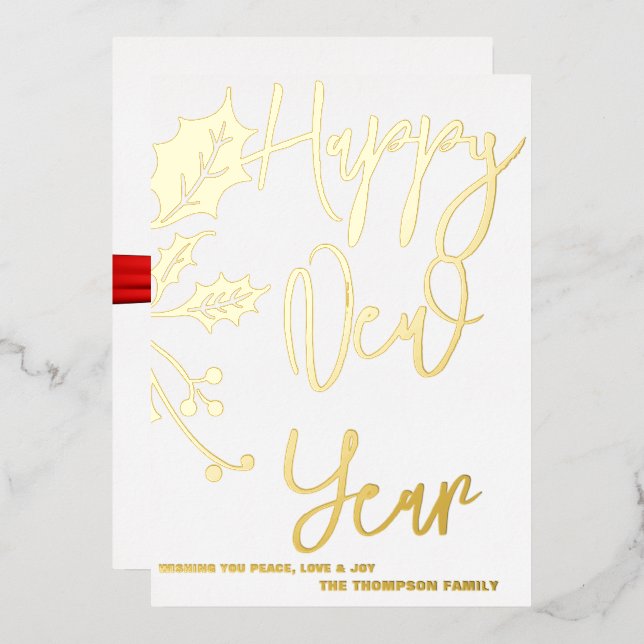 Happy New Year 2024, red ribbon Foil Holiday Card (Front/Back)