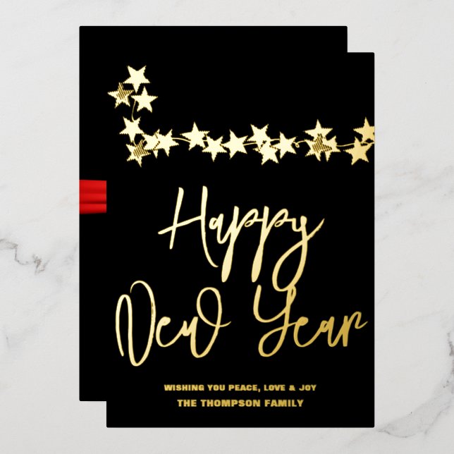 Happy New Year 2024, red ribbon Foil Holiday Card (Front/Back)