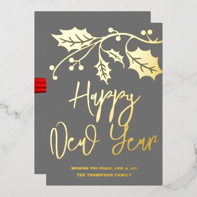 Happy New Year 2024, red ribbon Foil Holiday Card (Front/Back)