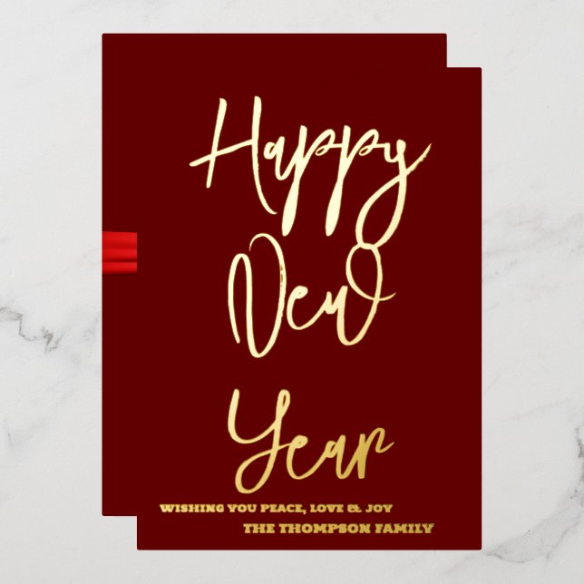 Happy New Year 2024 Retro Red Ribbon Foil Holiday Card (Front/Back)
