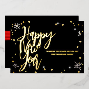 Happy New Year 2024 Retro Red Ribbon Foil Holiday Card