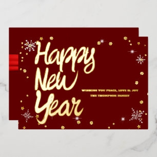 Happy New Year 2024 Retro Red Ribbon Foil Holiday Card