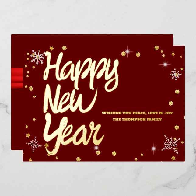 Happy New Year 2024 Retro Red Ribbon Foil Holiday Card (Front/Back)