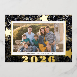 Happy New Year 2024 Star Confetti Photo Foil Holiday Card