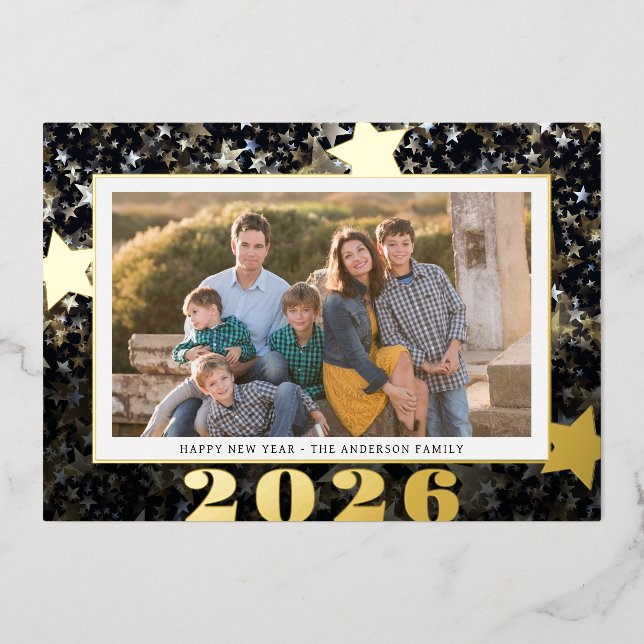 Happy New Year 2024 Star Confetti Photo Foil Holiday Card (Front)