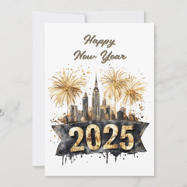 Happy New Year 2025 Black and Gold, Fireworks,  Holiday Card (Front)
